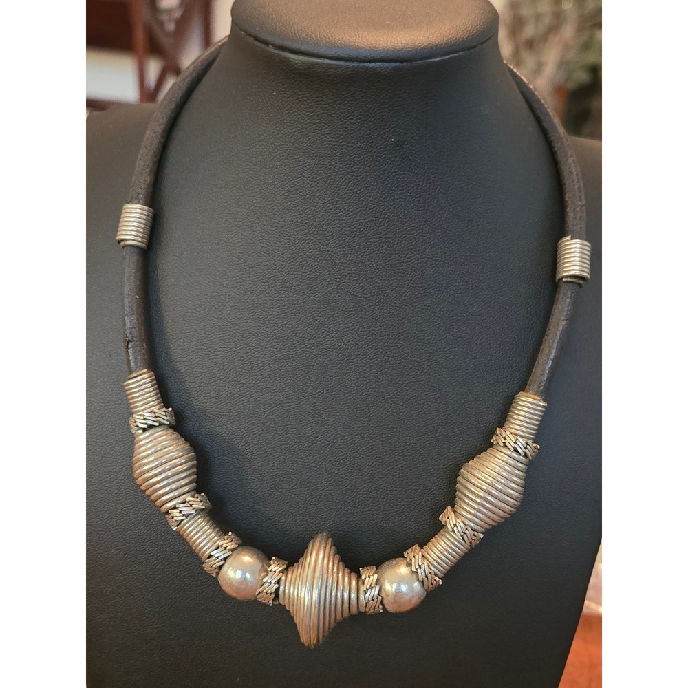 Silvertone Bead Leather Statement Necklace Brutalist Goth Vintage